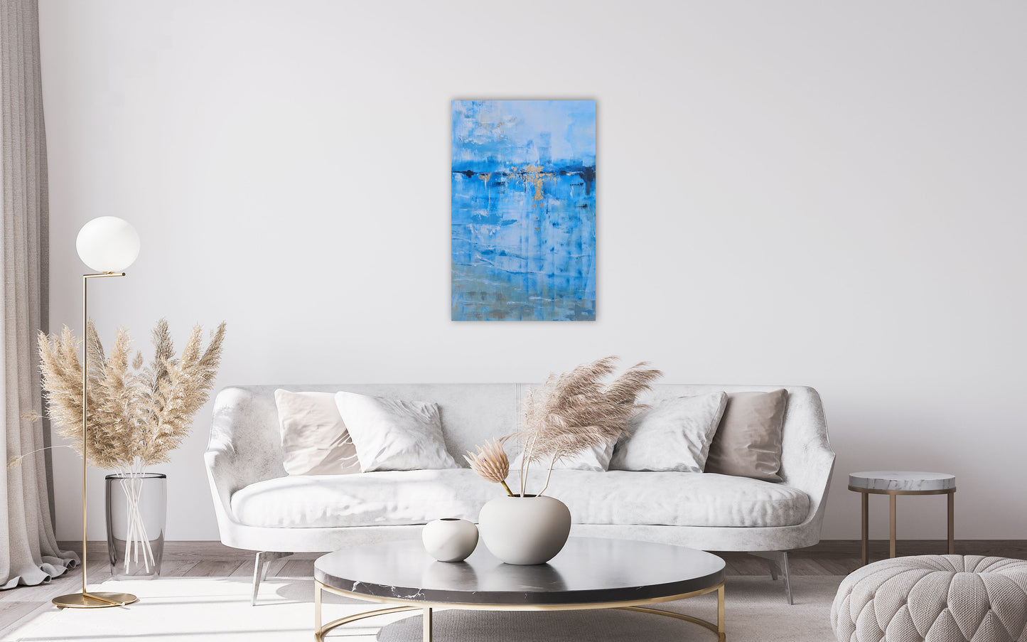 Captivating abstract oil painting with gold leaf detailing, evoking a luminous sunrise over the horizon. Inspired by tranquil beach mornings.