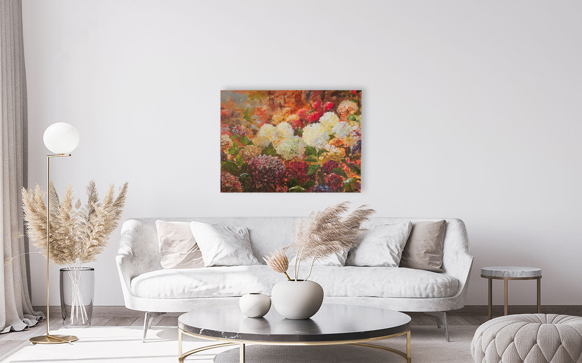 A beautiful oil painting of autumn coloured hydrangeas