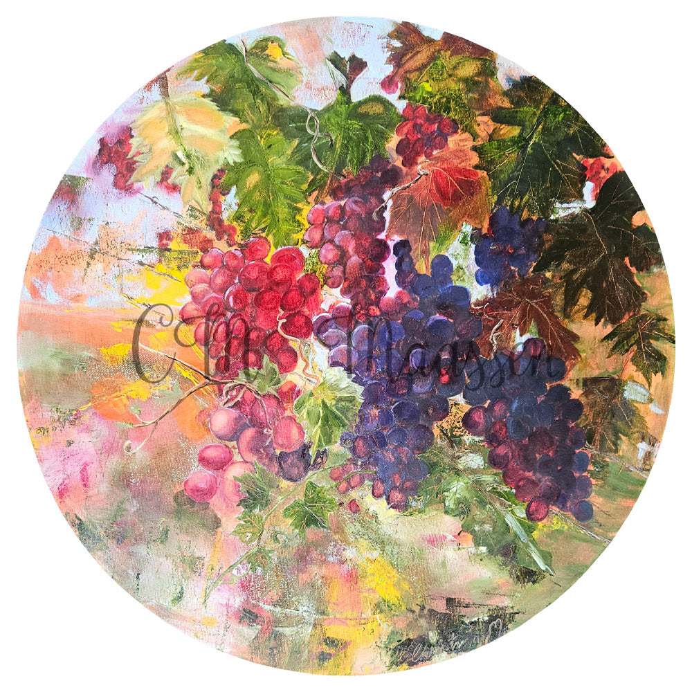 Artistic depiction of grapes and leaves with a colorful, textured background