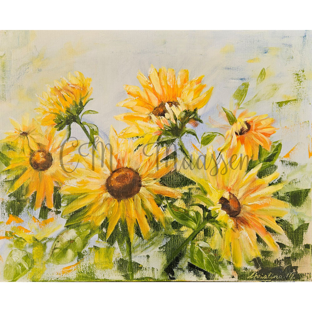 Painting of sunflowers with a signature in the corner