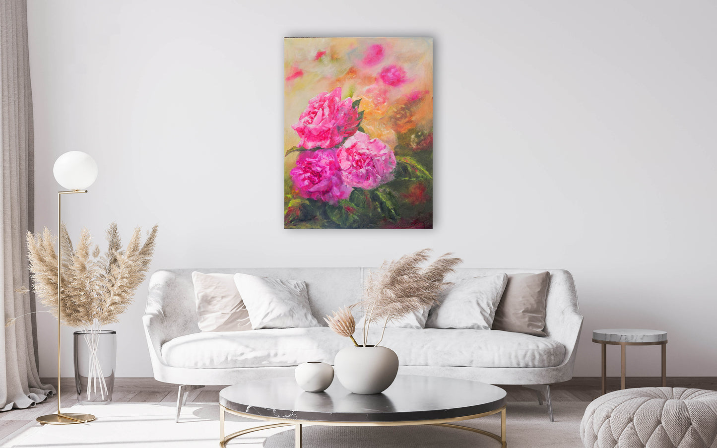 pink flowers painted on a canvas in an abstract way