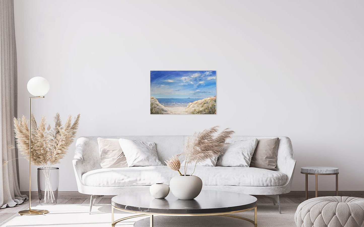 A painting of the beach with sand dunes and sea. Based from Ruakaka beach.