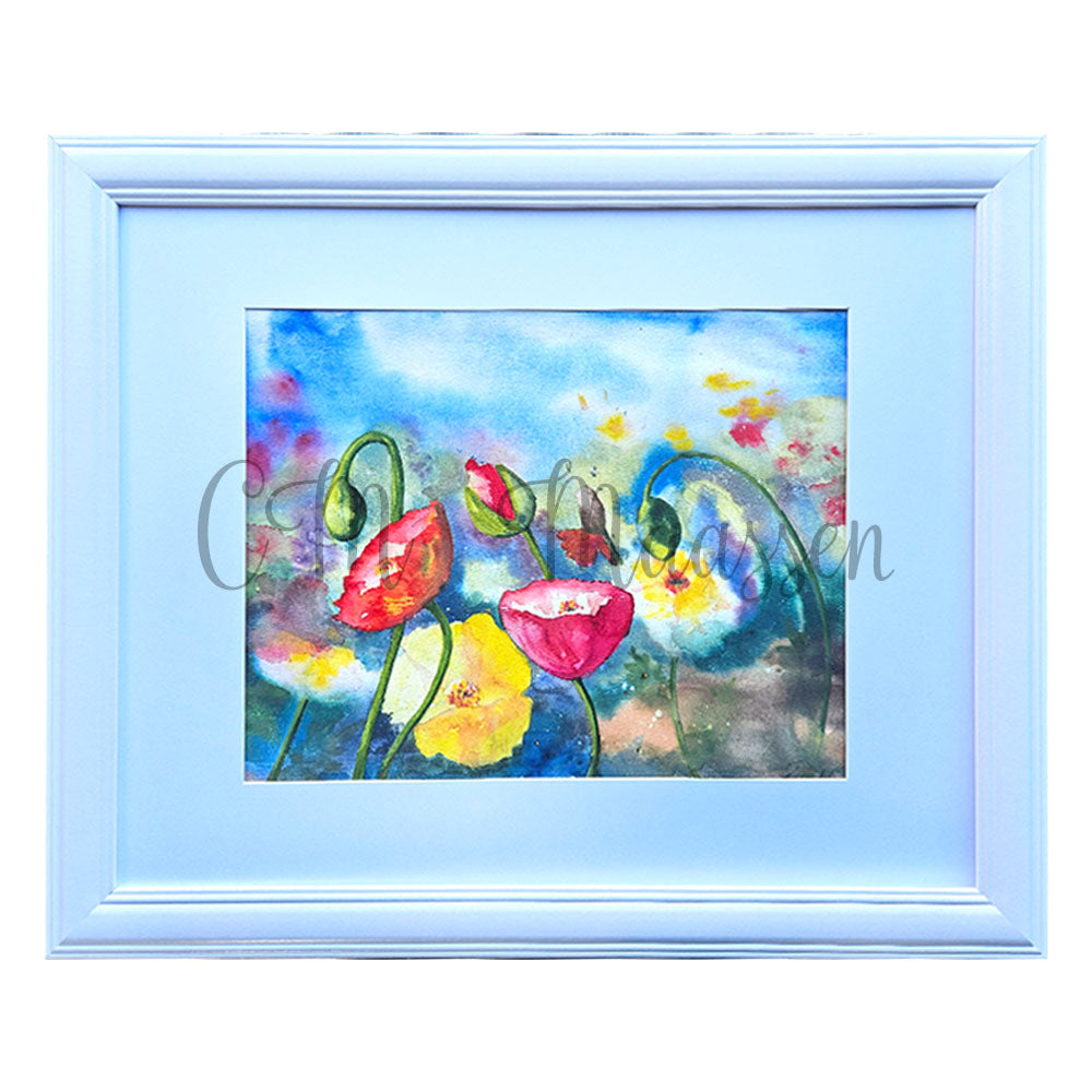 Framed artwork of colorful flowers with a White border