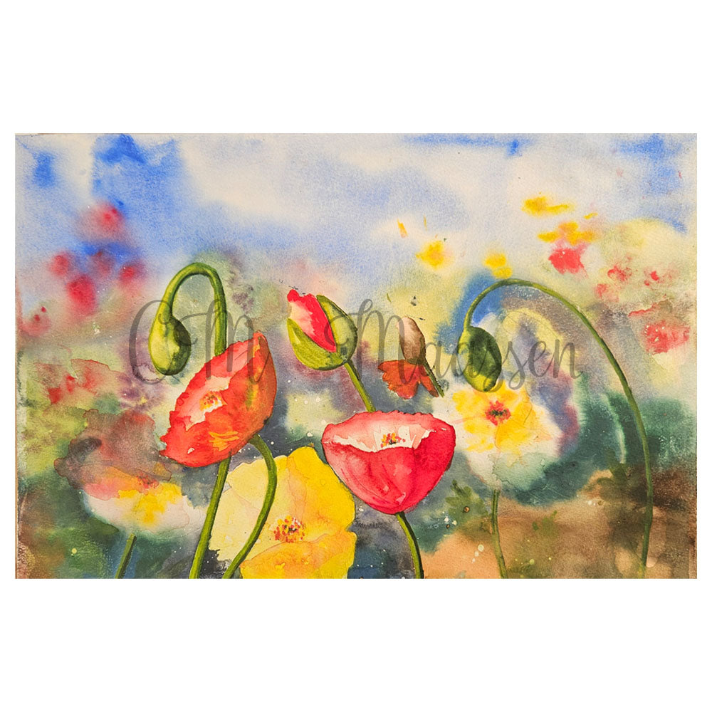 Colorful floral painting with red and yellow flowers against a blue sky.