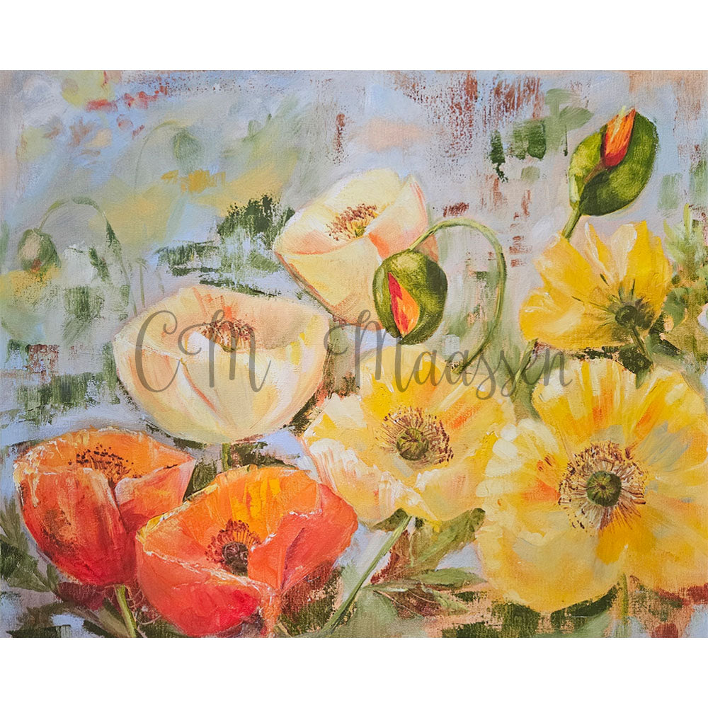Colorful floral painting with red, yellow, and green flowers on a textured background.