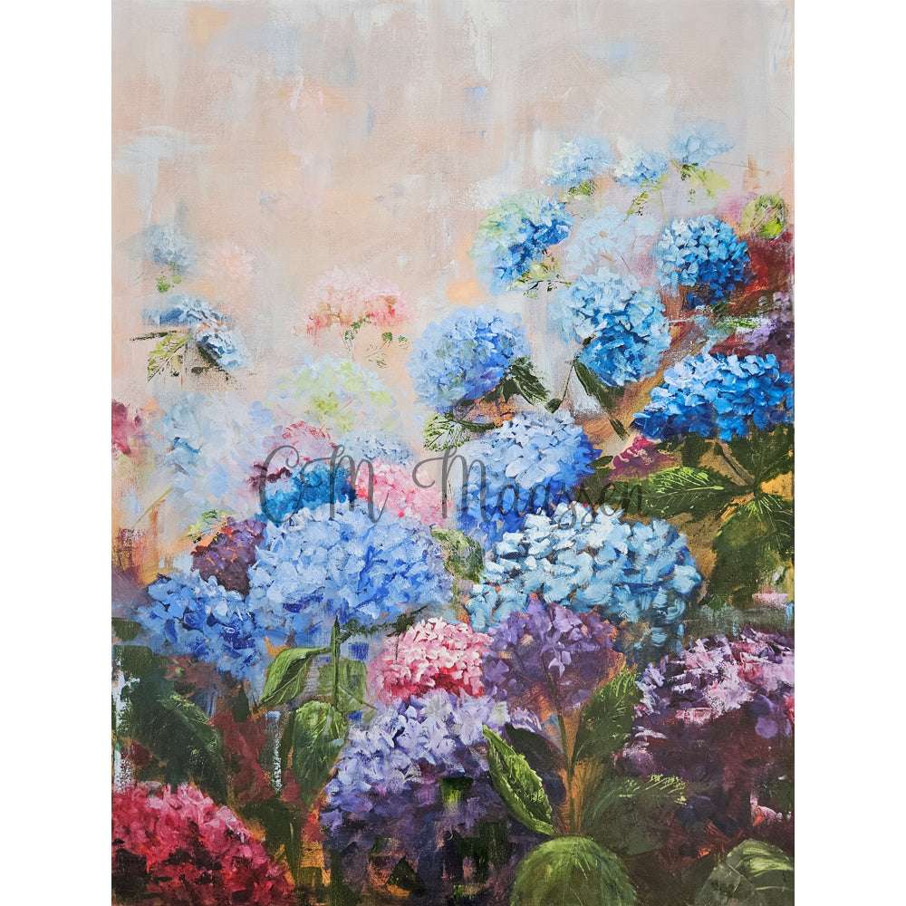 Colourful Hydrangeas painting in oil paint in beautiful blues, purples and pinks.