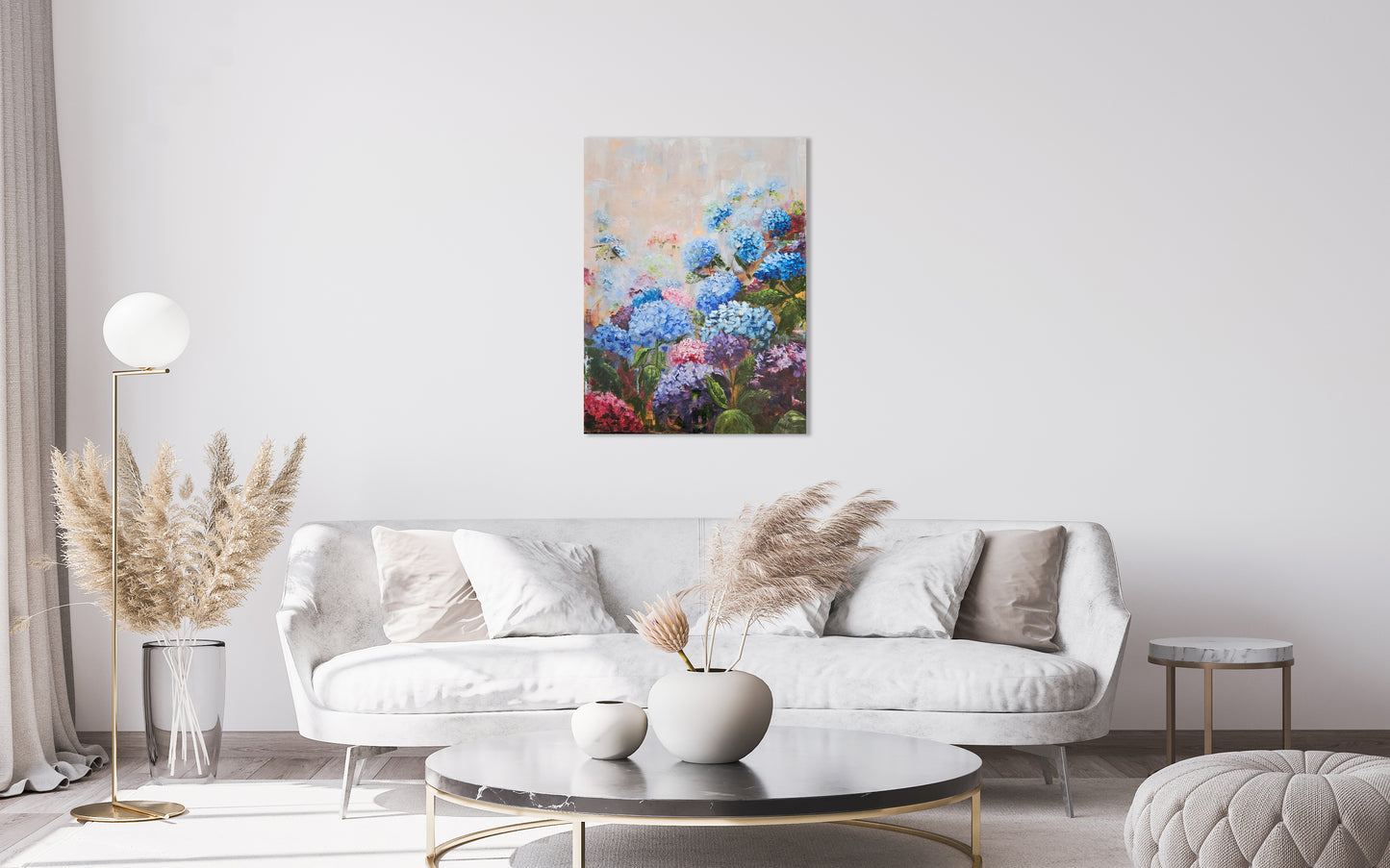 Colourful Hydrangeas painting in oil paint in beautiful blues, purples and pinks.