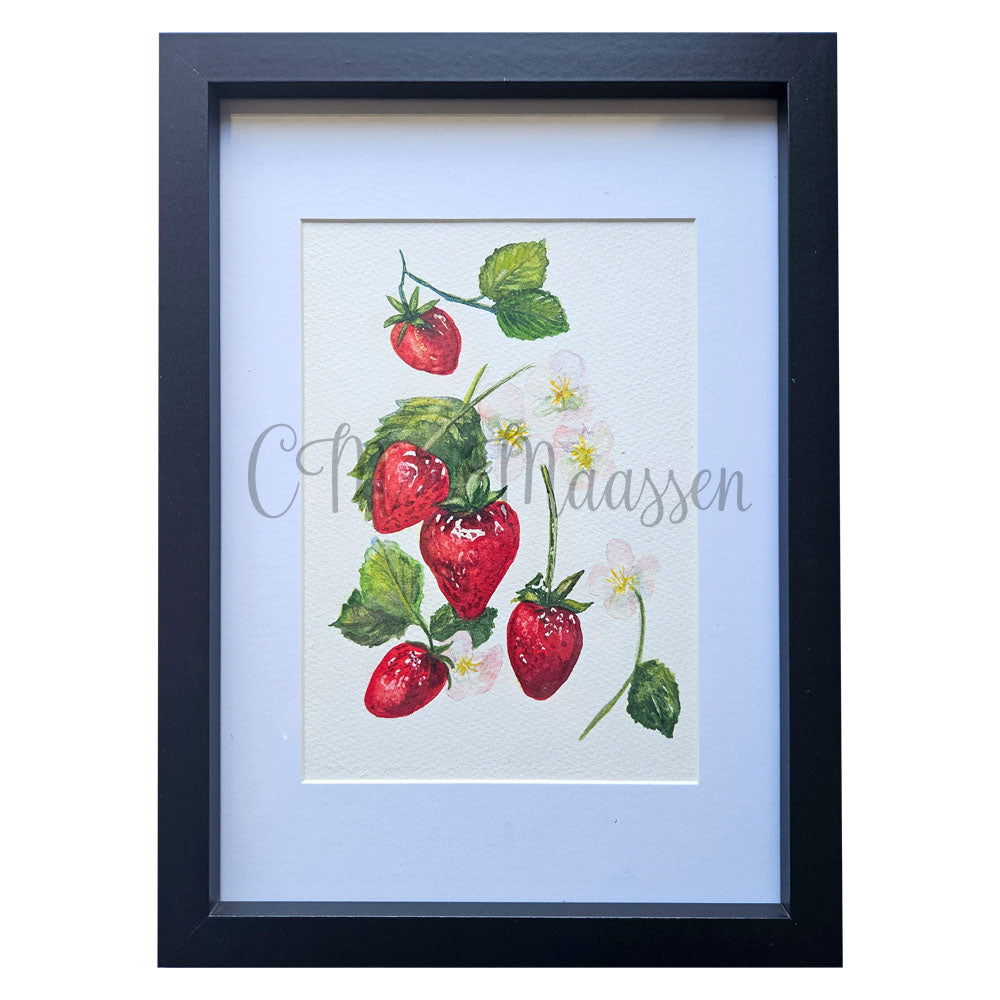 Framed artwork of strawberries with a blue border and white background