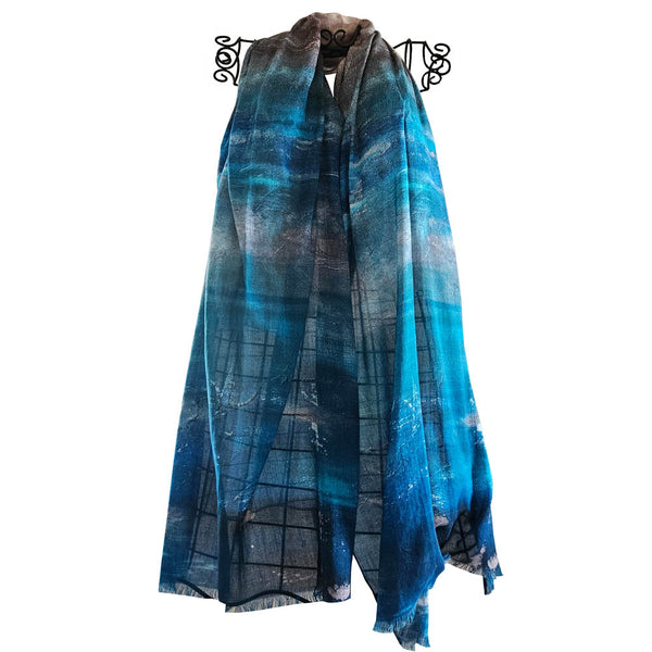 Abstract beach colour scarf with blue, whites and beige sands