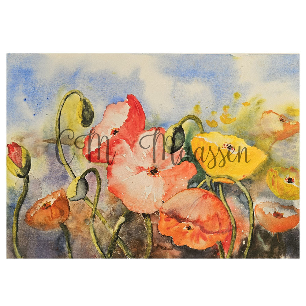 Watercolor painting of flowers with a signature in the center
