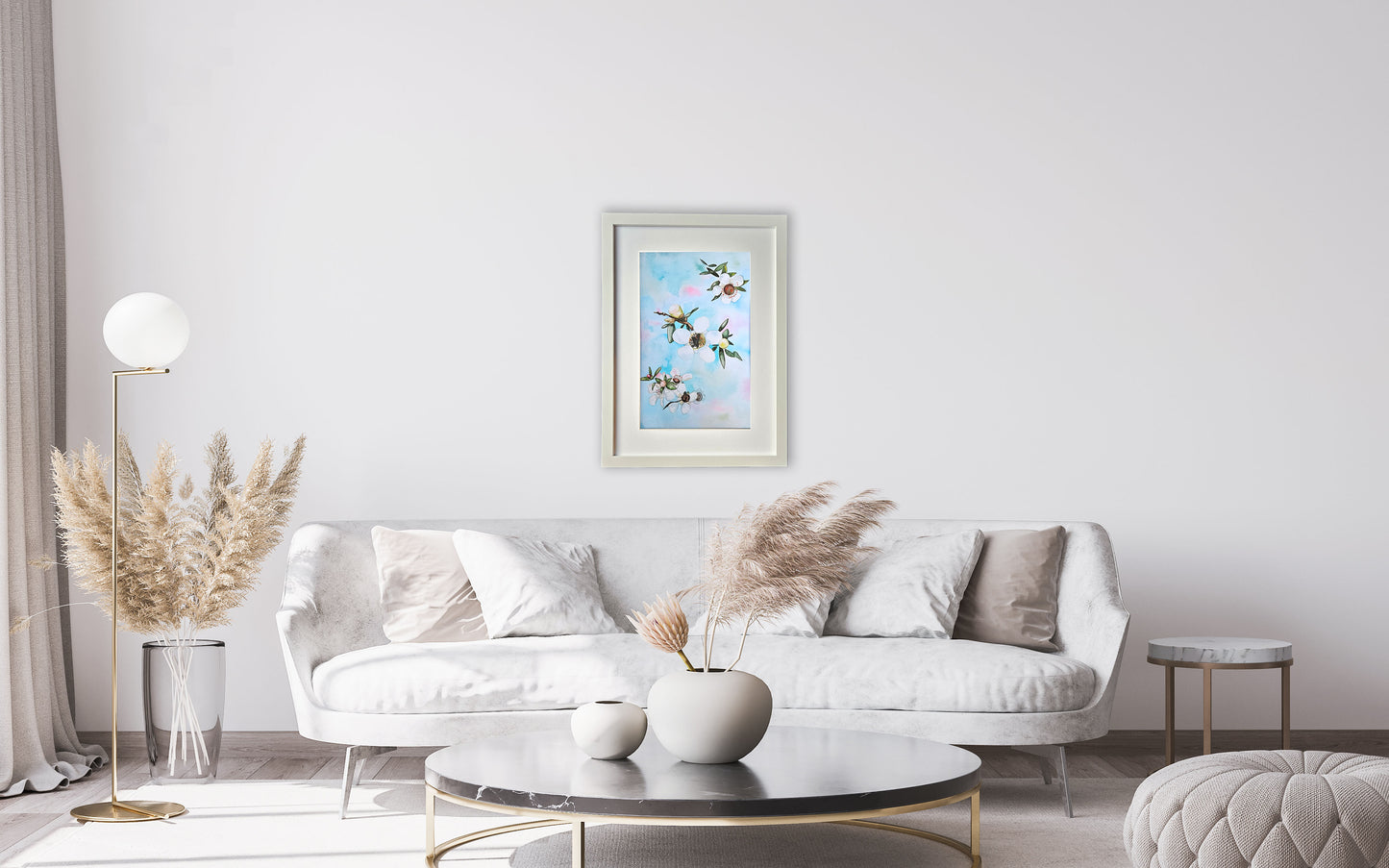 White Manuka painting framed on wall
