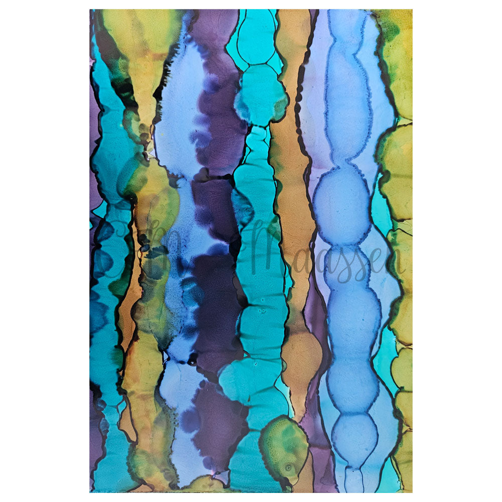 Abstract art with blue, green, and purple colors on a white background