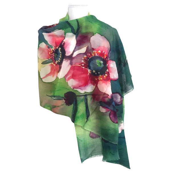 Green an pink flower merino wool scarf