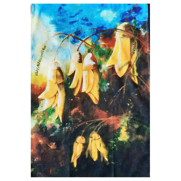 beautiful painted yellow flowers on a cotton tea towel