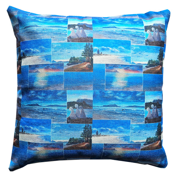 A sofa cushion with a montage of scenery from the Bream Bay area