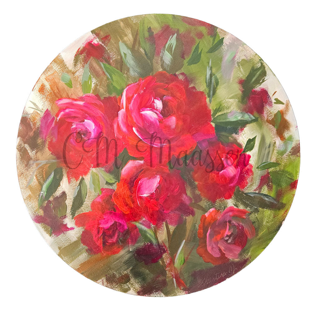 Circular painting of red roses with green leaves on a textured background