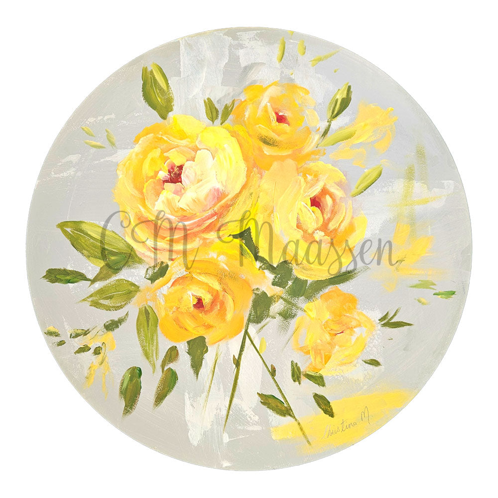 Round canvas acrylic painting with yellow roses design.