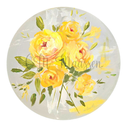 Round canvas acrylic painting with yellow roses design.
