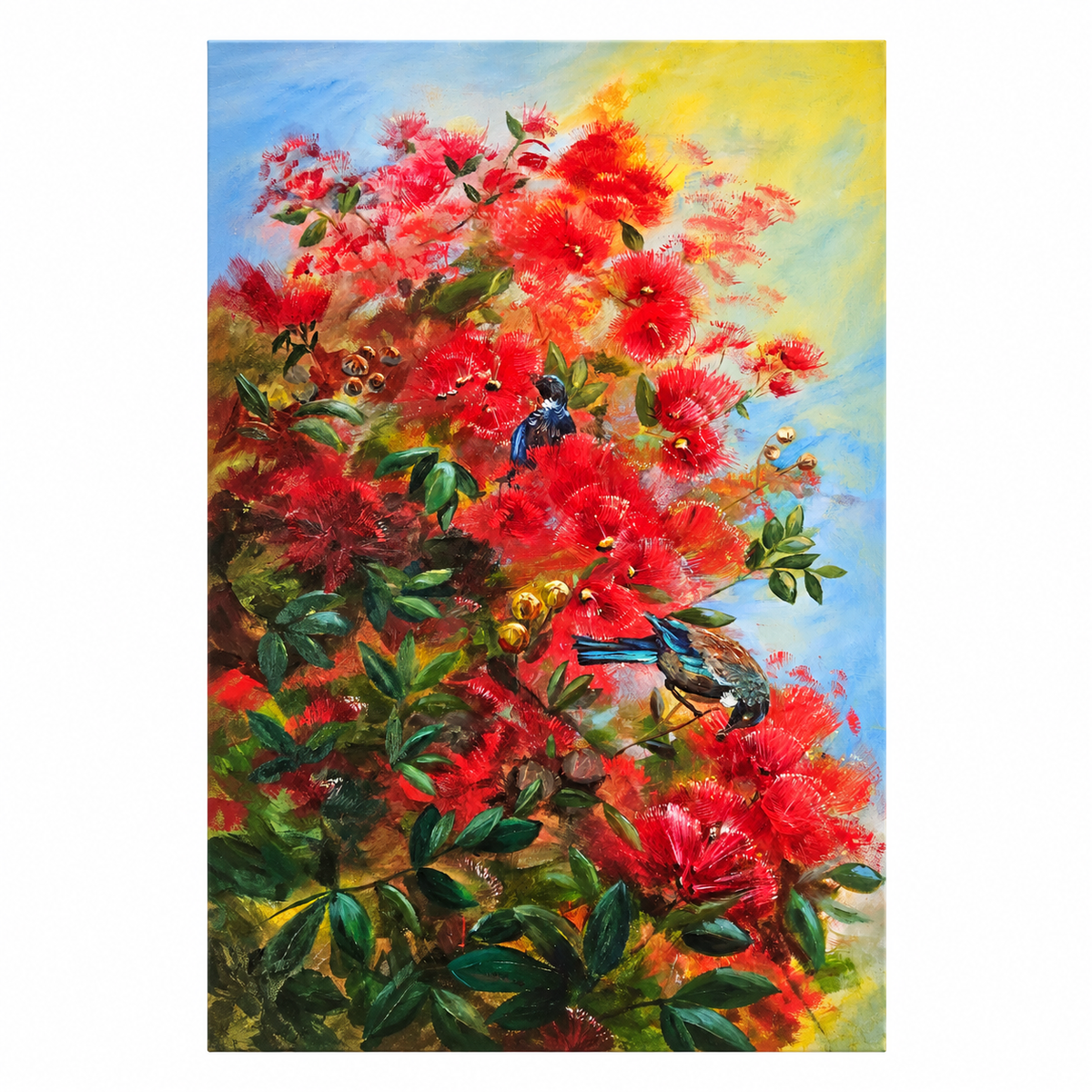 A vertical painting of a vibrant red flowering pohtutukawa with green leaves and small blue birds perched among the blossoms, set against a bright sky background.