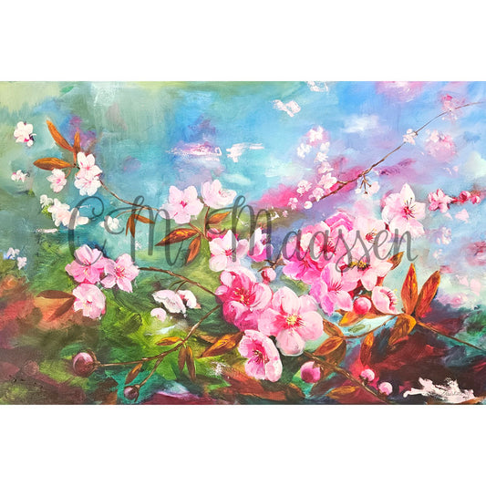 An impressionistic oil painting of pink cherry blossoms on branches against a soft blue and green background, with a visible artist signature watermark across the center.