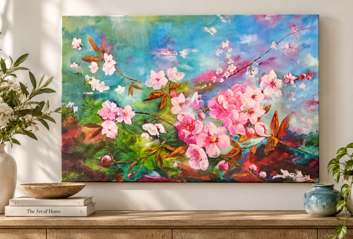 A colorful canvas painting of pink cherry blossoms hanging on a wall above a wooden console table, styled with books, a bowl, and potted plants.