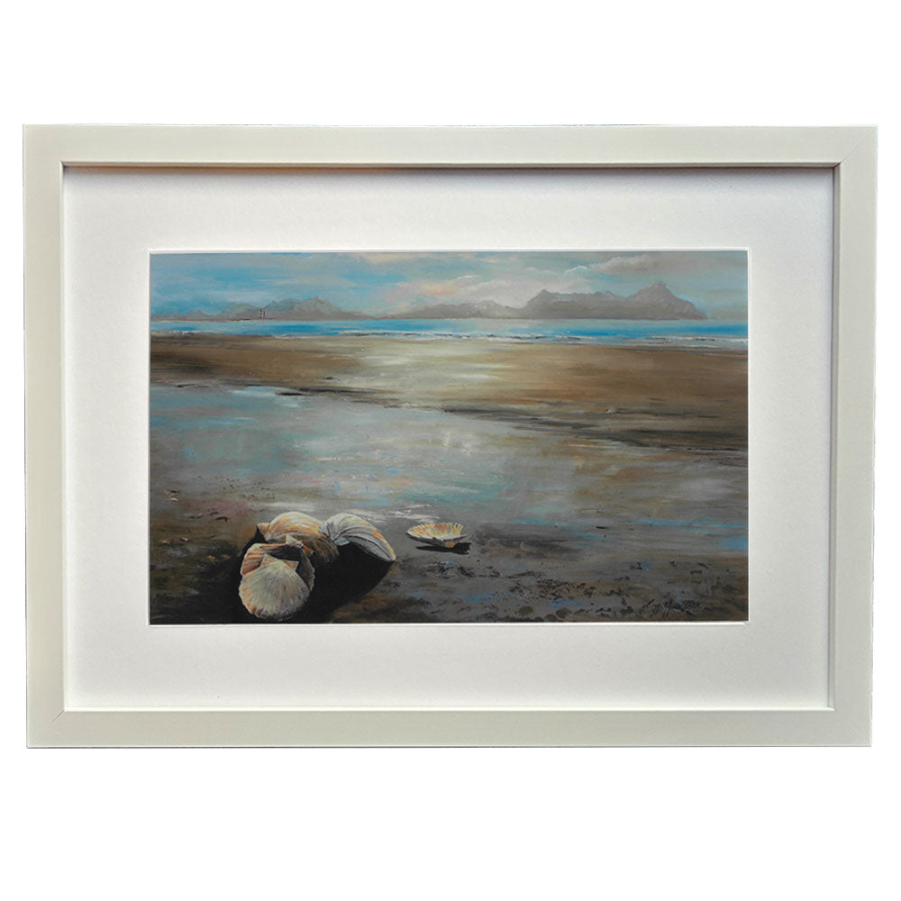 painting of beach with tide out and shells in Frame