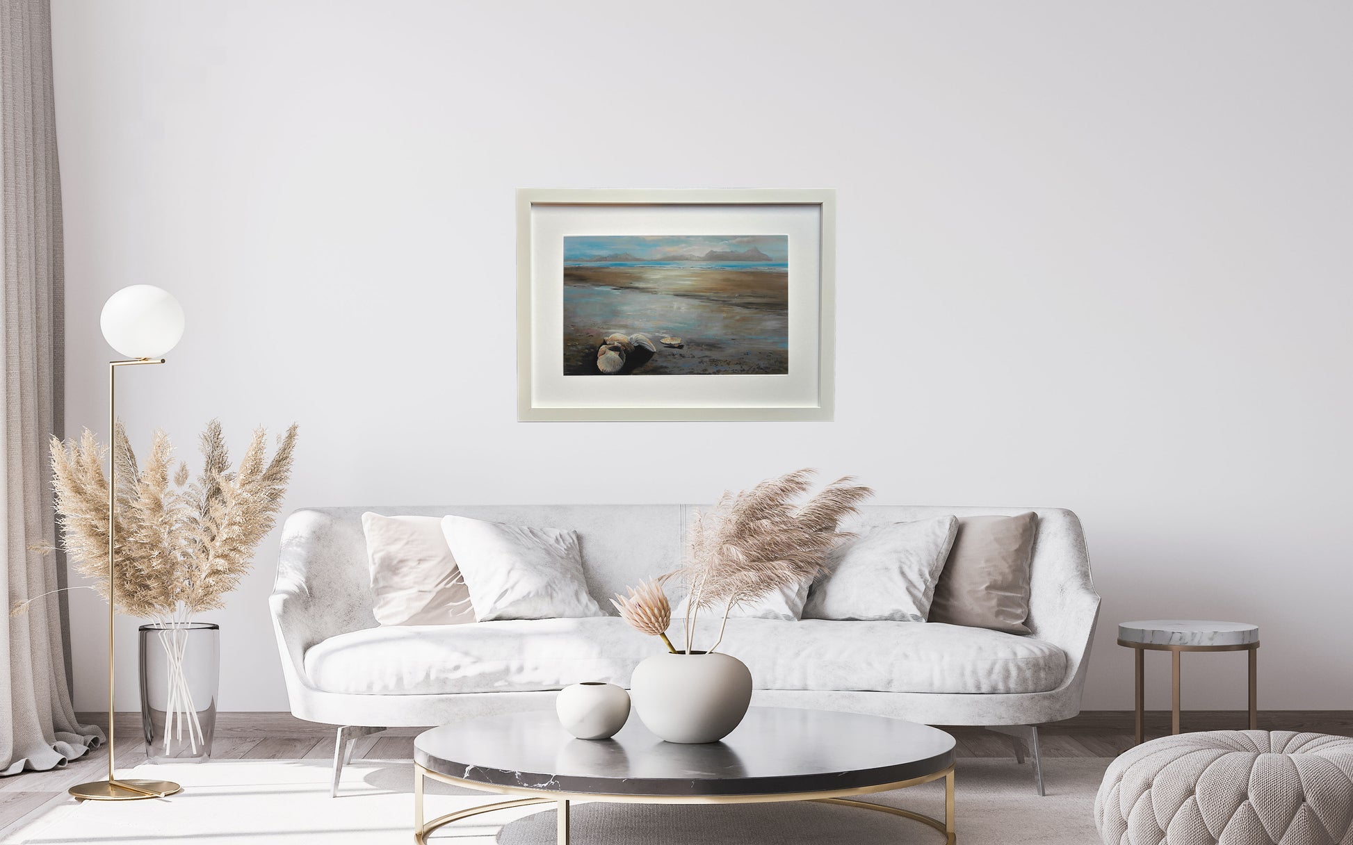 painting of beach with tide out and shells