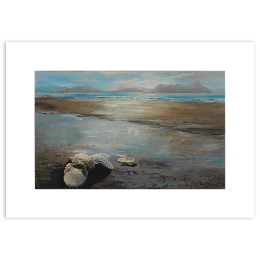 painting of beach with tide out and shells