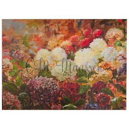 A beautiful oil painting of autumn coloured hydrangeas 