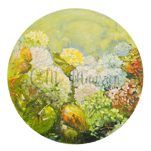 An oil painting of green hydrangeas and florals on a round canvas. 