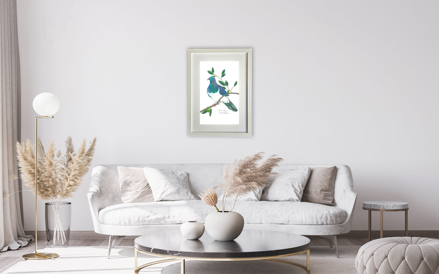 Kereru bird pencil drawing on branch framed artwork print