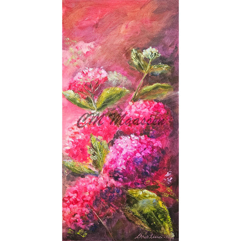 Beautiful abstract Hydrangea painting in pinks, greens and oranges