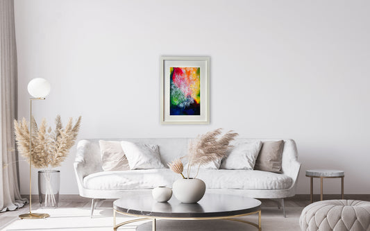 Framed artwork This vibrant artwork captures the whimsical beauty of dandelions through a mesmerising fusion of fine pen work and dynamic ink flow on Yupo paper.