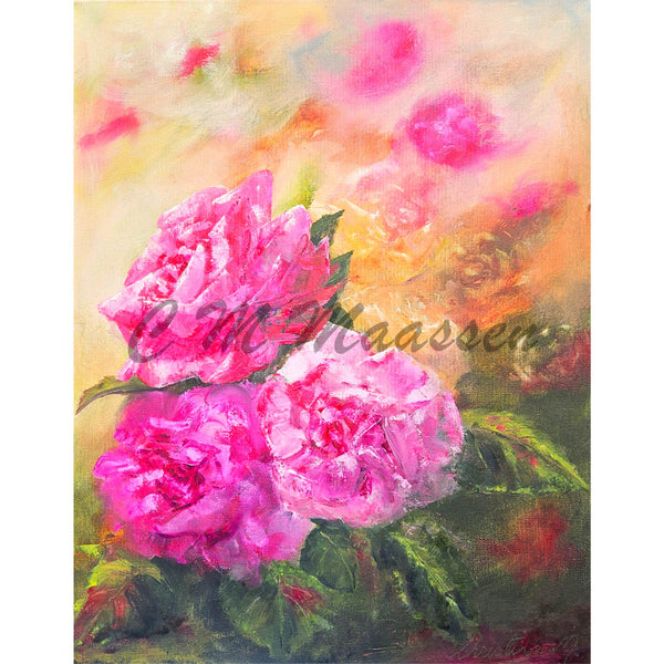 pink flowers painted on a canvas in an abstract way 
