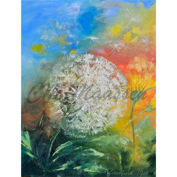dandelion painting with beautiful blues, yellows and greens