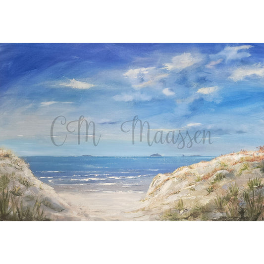 A painting of the beach with sand dunes and sea. Based from Ruakaka beach. 