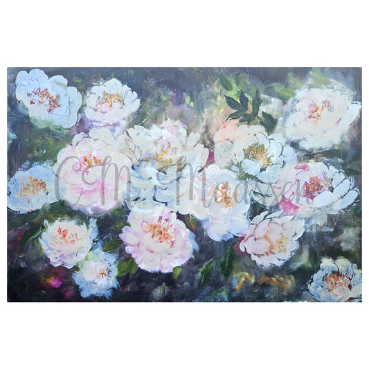 Artistic depiction of white flowers with a blurred background