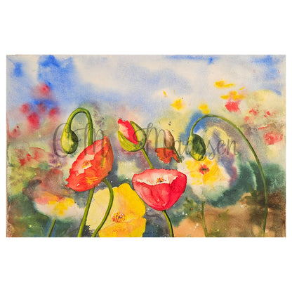 Colorful floral painting with red and yellow flowers against a blue sky.