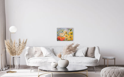 Modern living room with a white sofa, coffee table, and decorative elements. with a poppy artwork on the wall.
