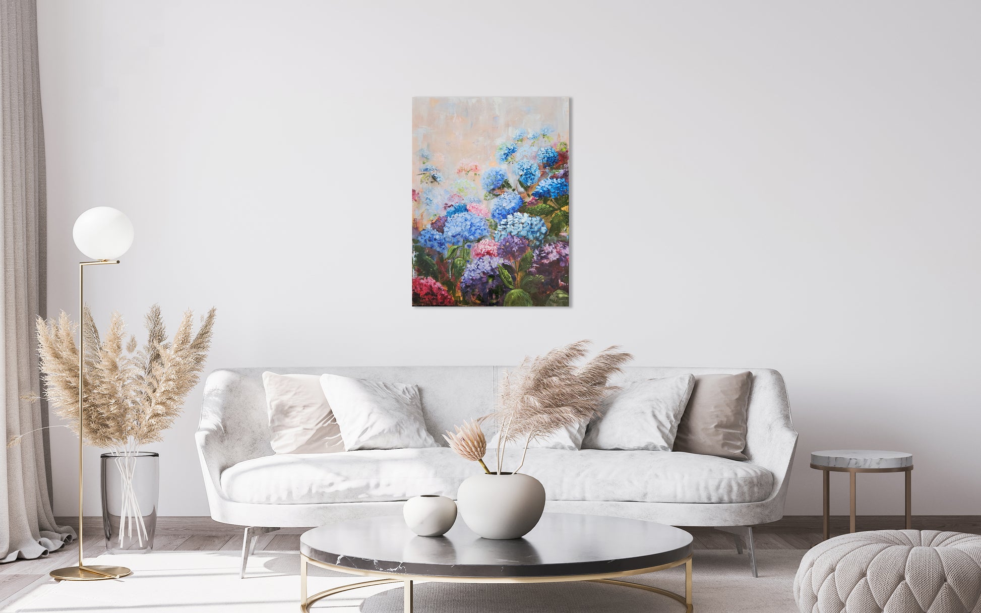 Colourful Hydrangeas painting in oil paint in beautiful blues, purples and pinks.
