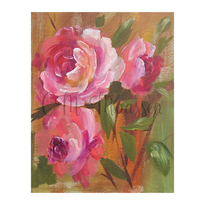 Painting of pink roses with a signature on a textured background