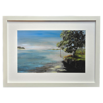 painting of one tree point beach and shoreline in a frame