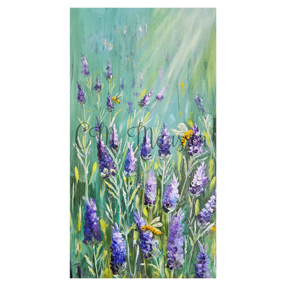 A vertical canvas painting depicting lavender and daisies in a field under soft green and white light rays. The artwork features textured brushstrokes in shades of green, purple, yellow, and white, with a subtle watermark across the center.
