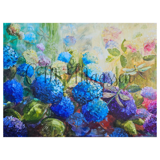 An impressionistic oil painting of vibrant blue and purple hydrangeas with green leaves and dragonflies, featuring a soft cream and yellow background. A cursive watermark reading 'Celsi Hansen' is overlaid across the center.