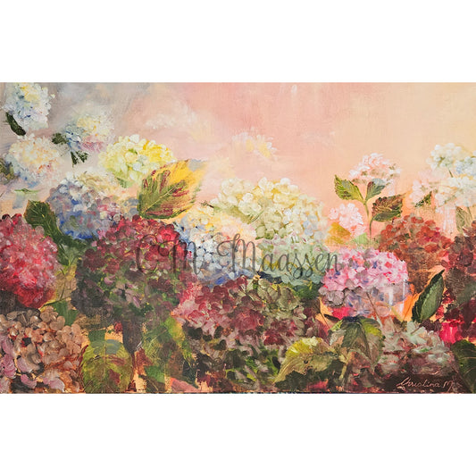An oil painting featuring Hydrangeas in pinks, read and blues. Painted by Christina Maassen Art in New Zealand