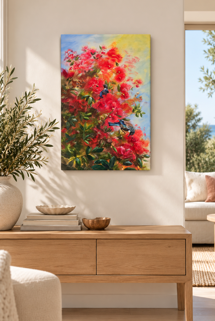 A colorful canvas painting of vibrant red pohutukawa flowers with blue birds, displayed on a warm beige wall above a light wood console table in a modern living room setting.