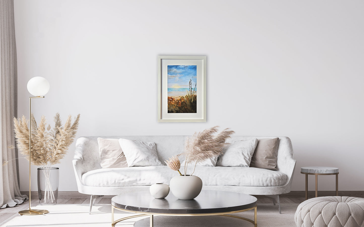 painting of the beach with sand and flowers