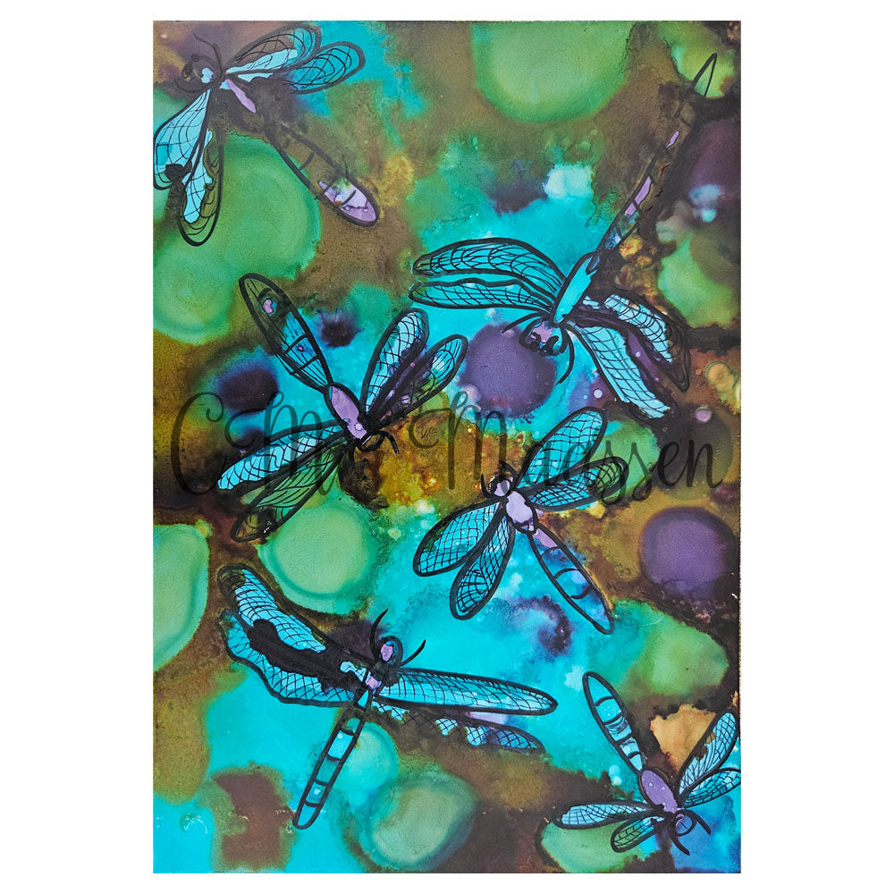 Artistic depiction of dragonflies on a colorful abstract background