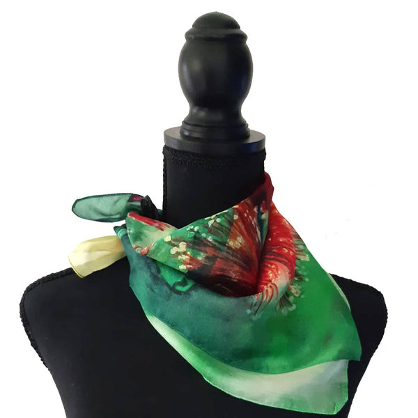 Green and red Pohutakawa silk neck scarf