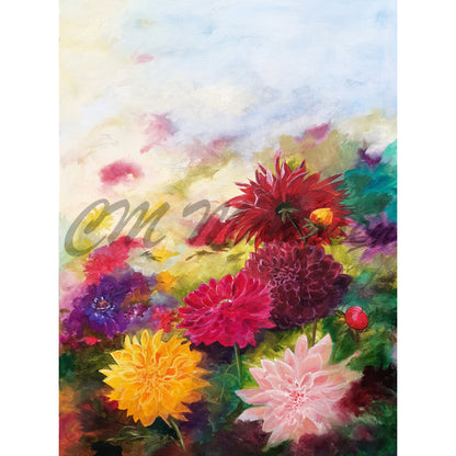 The Dance of the Dahlias flower original painted artwork 